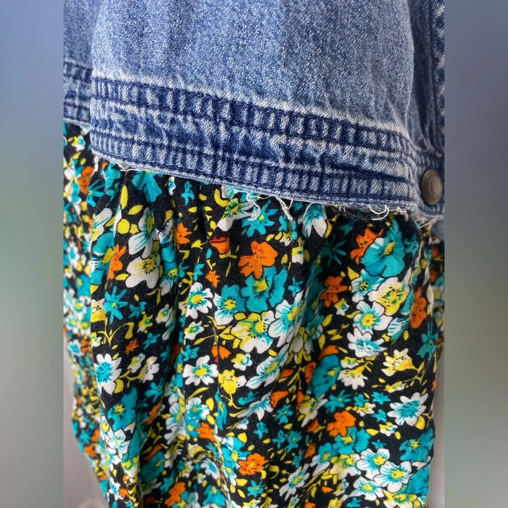 Woolrich Vintage 90s Blue Denim Bib Dress with Teal Floral Skirt Flawed - Picture 3 of 7